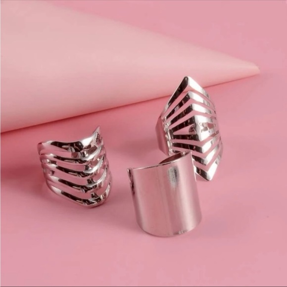 3-Piece Silver Cuff Ring Set, Adjustable - Picture 3 of 4